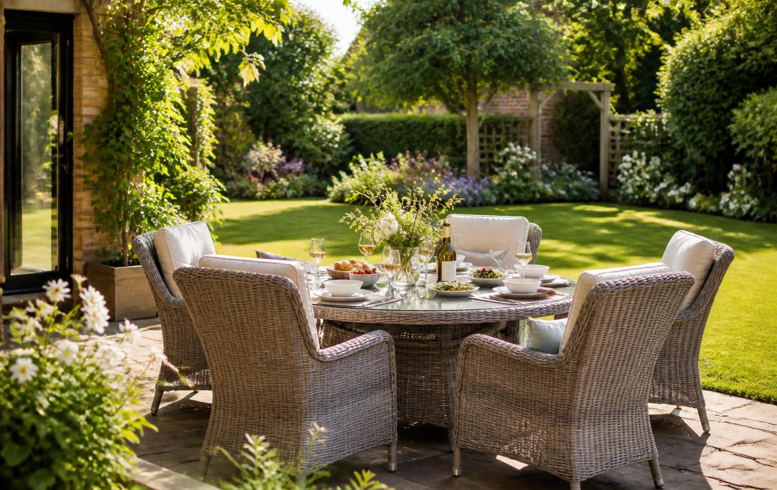 Modern garden dining set on a sunny patio